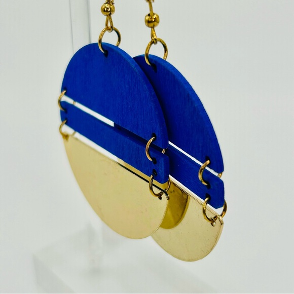 💙💚 Green or Blue Geometric Half-Moon Earrings | Modern Wood + Goldtone | - Picture 3 of 7